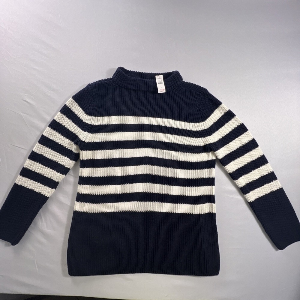 Talbots Shaker Stitch Sweater Mock Neck Striped Navy Cream BNWT Large